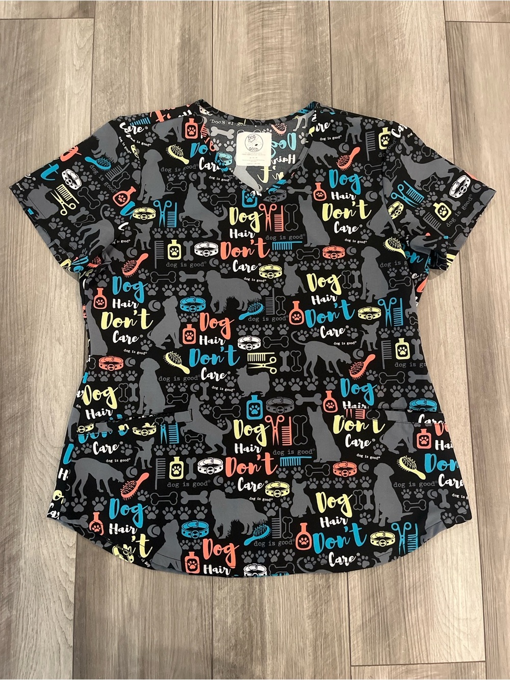 Cherokee Dog is Good Black V-Neck "Dog Hair Don't Care" Graphic Scrub Top